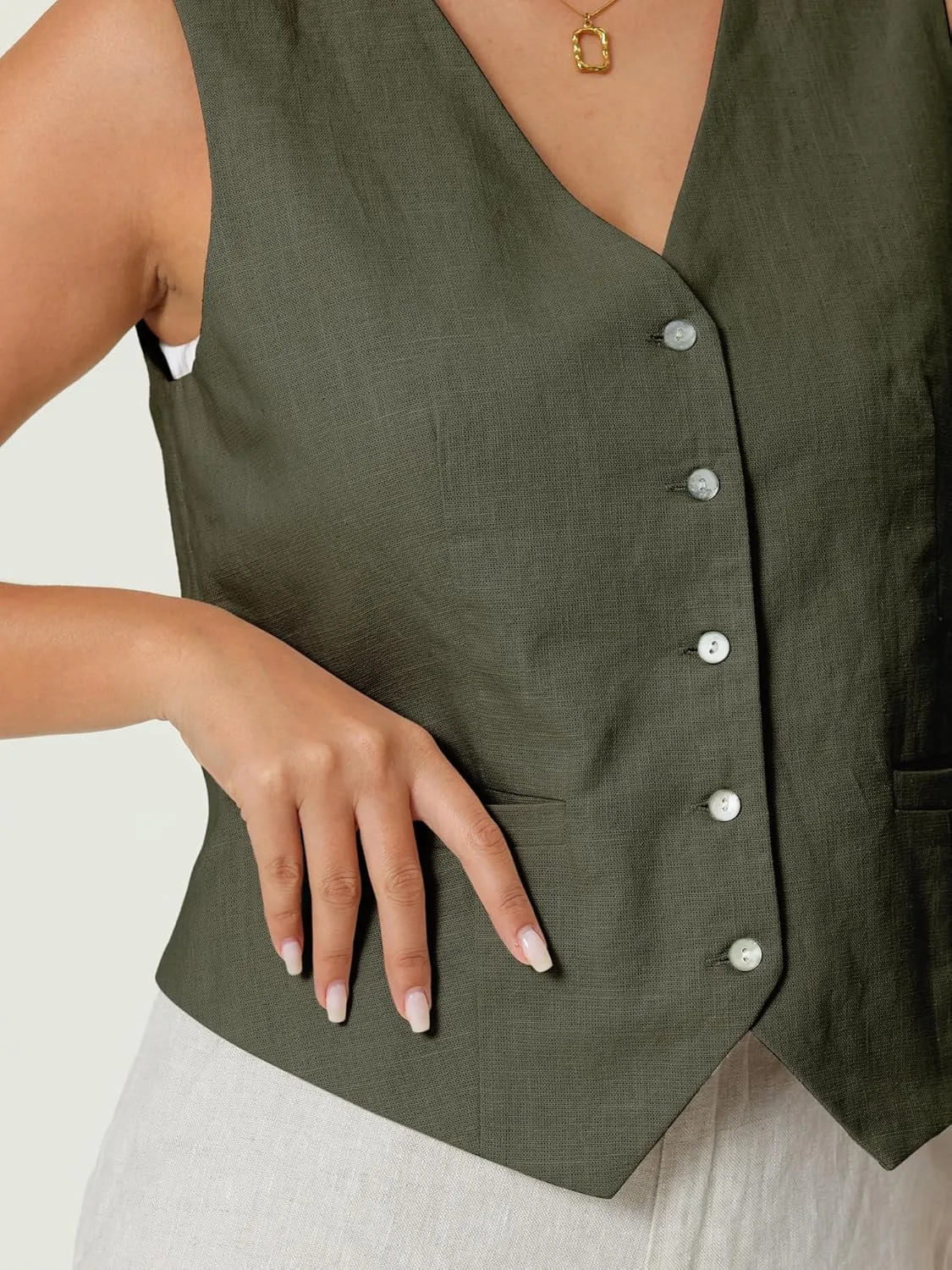 Women's Linen Vest Sleeveless Button Down V Neck Formal Business Waistcoat
