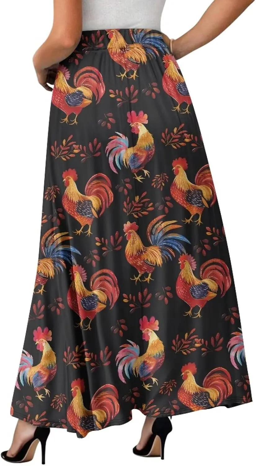 Womens Long Skirt Pleated Swing Party Cocktail High Waist Skirts A-Line Ruffle Flared Maxi Skirts with Pockets