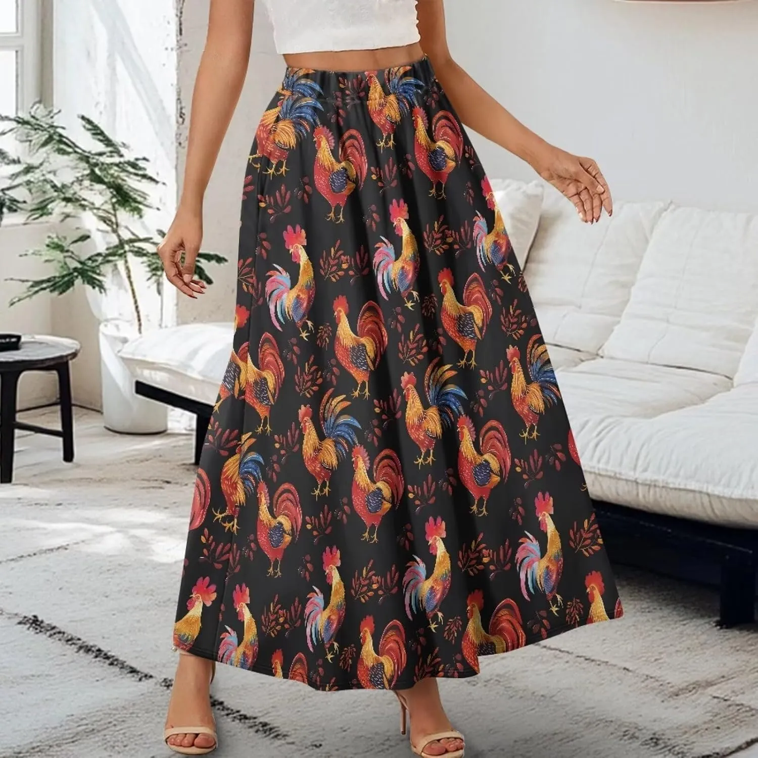 Womens Long Skirt Pleated Swing Party Cocktail High Waist Skirts A-Line Ruffle Flared Maxi Skirts with Pockets