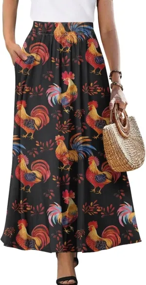 Womens Long Skirt Pleated Swing Party Cocktail High Waist Skirts A-Line Ruffle Flared Maxi Skirts with Pockets