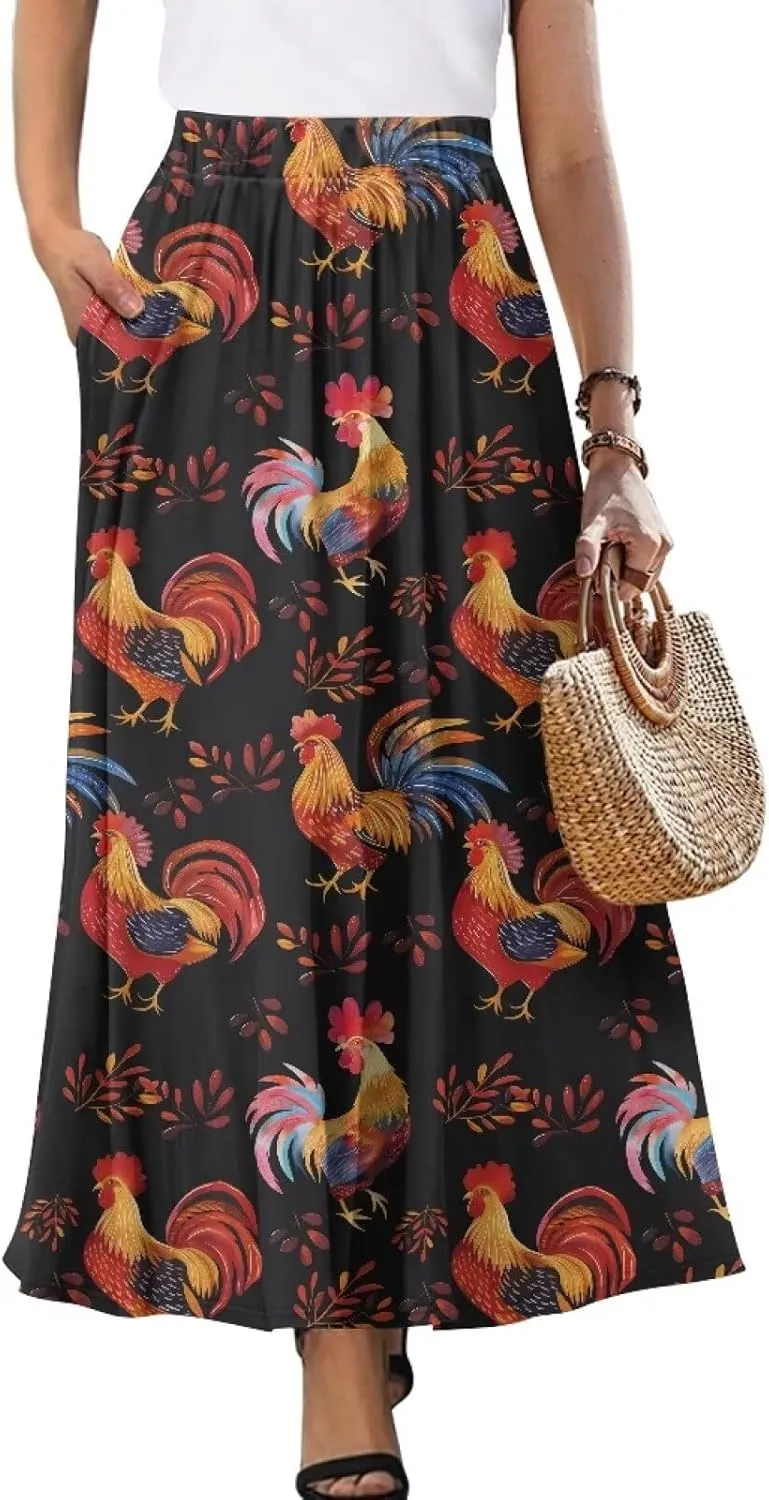 Womens Long Skirt Pleated Swing Party Cocktail High Waist Skirts A-Line Ruffle Flared Maxi Skirts with Pockets