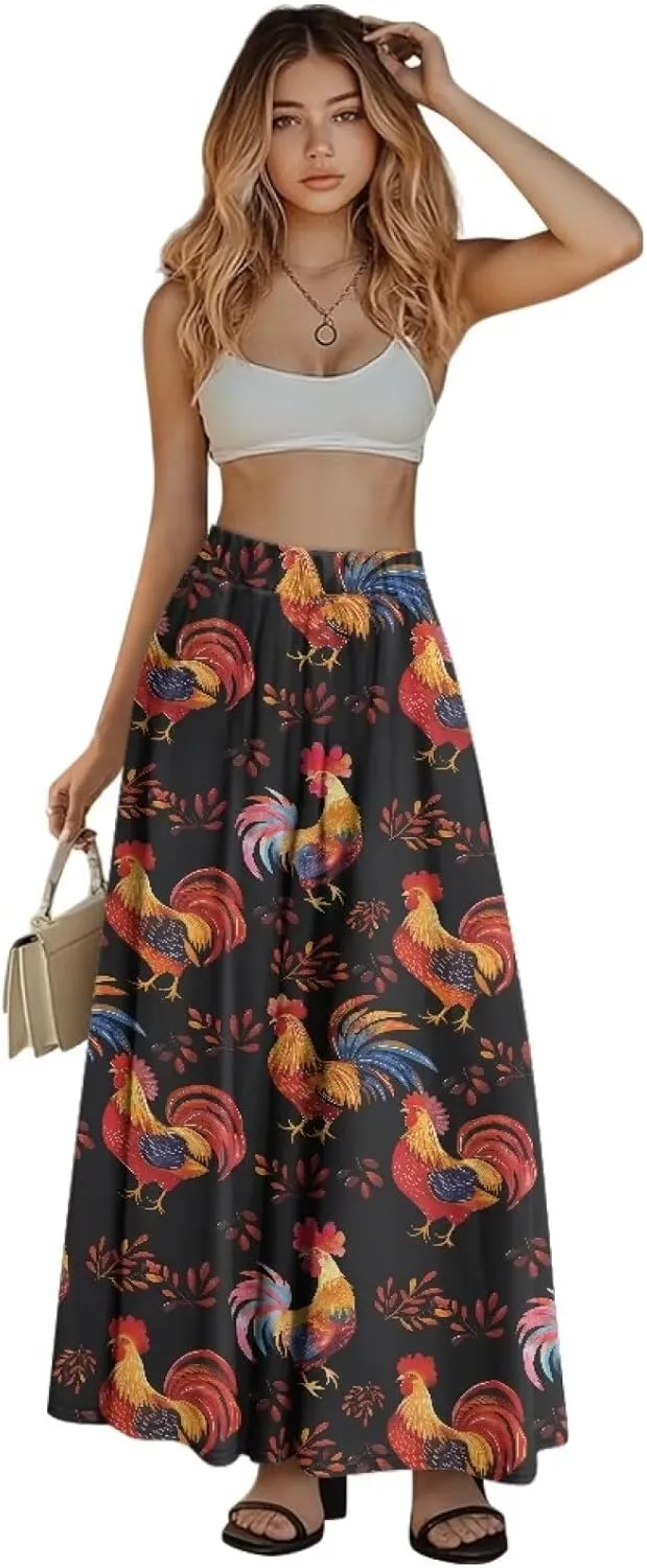 Womens Long Skirt Pleated Swing Party Cocktail High Waist Skirts A-Line Ruffle Flared Maxi Skirts with Pockets