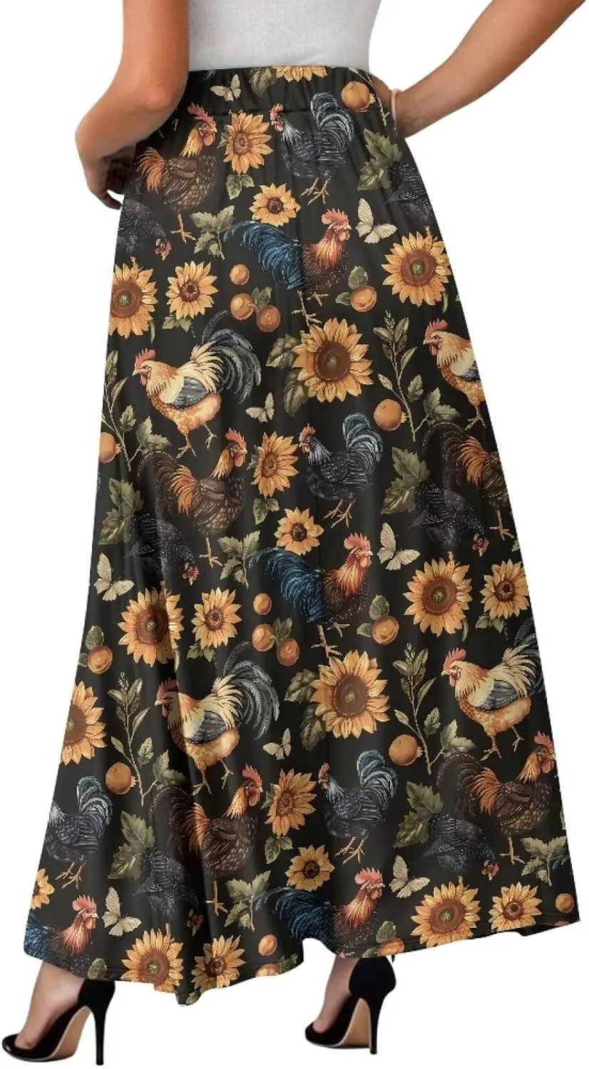 Women's Long Skirt Swing Party Wedding High Waisted Maxi Skirts Elegant Flared A-Line Ruffle Skirts with Pockets