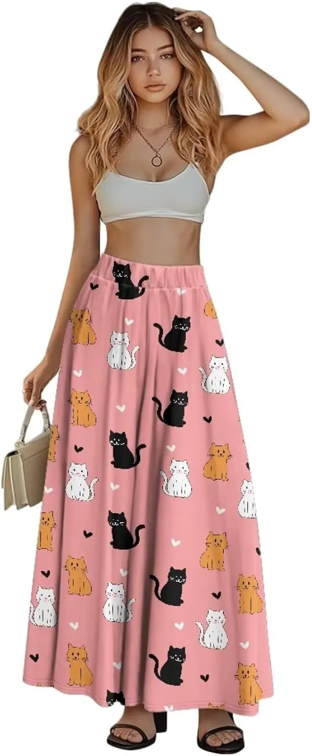 Women's Long Skirt Swing Party Wedding High Waisted Maxi Skirts Elegant Flared A-Line Ruffle Skirts with Pockets