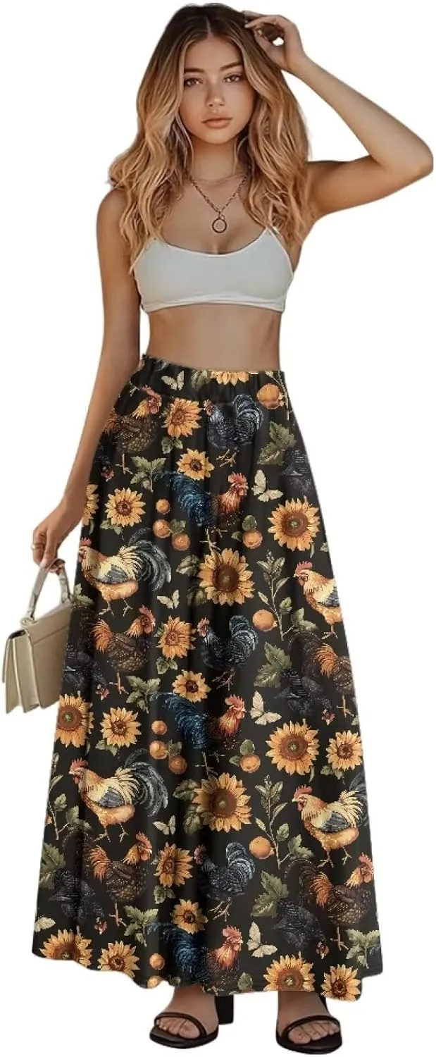 Women's Long Skirt Swing Party Wedding High Waisted Maxi Skirts Elegant Flared A-Line Ruffle Skirts with Pockets