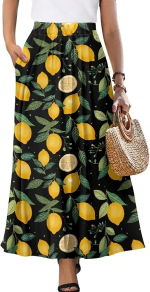 Women's Long Skirt Swing Party Wedding High Waisted Maxi Skirts Elegant Flared A-Line Ruffle Skirts with Pockets