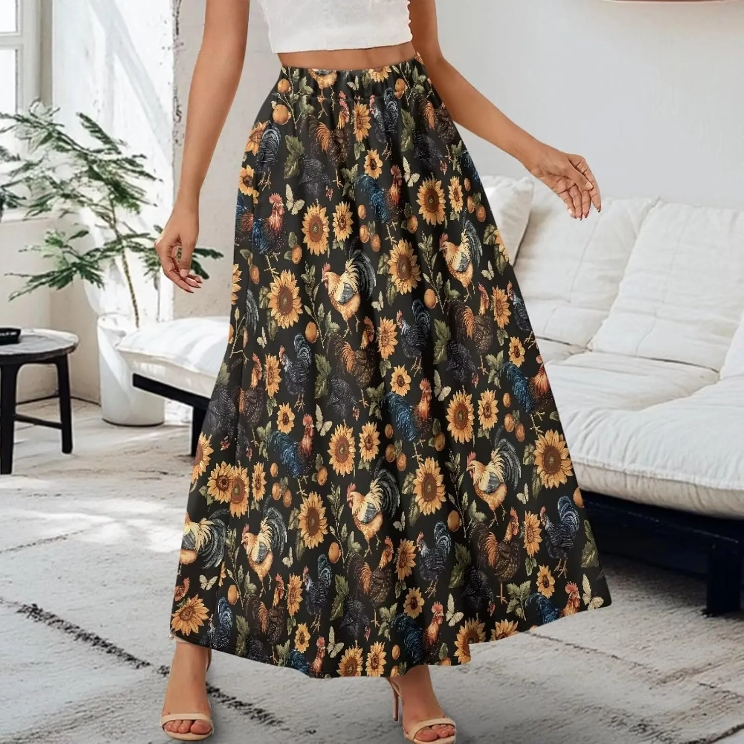 Women's Long Skirt Swing Party Wedding High Waisted Maxi Skirts Elegant Flared A-Line Ruffle Skirts with Pockets