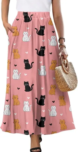Women's Long Skirt Swing Party Wedding High Waisted Maxi Skirts Elegant Flared A-Line Ruffle Skirts with Pockets