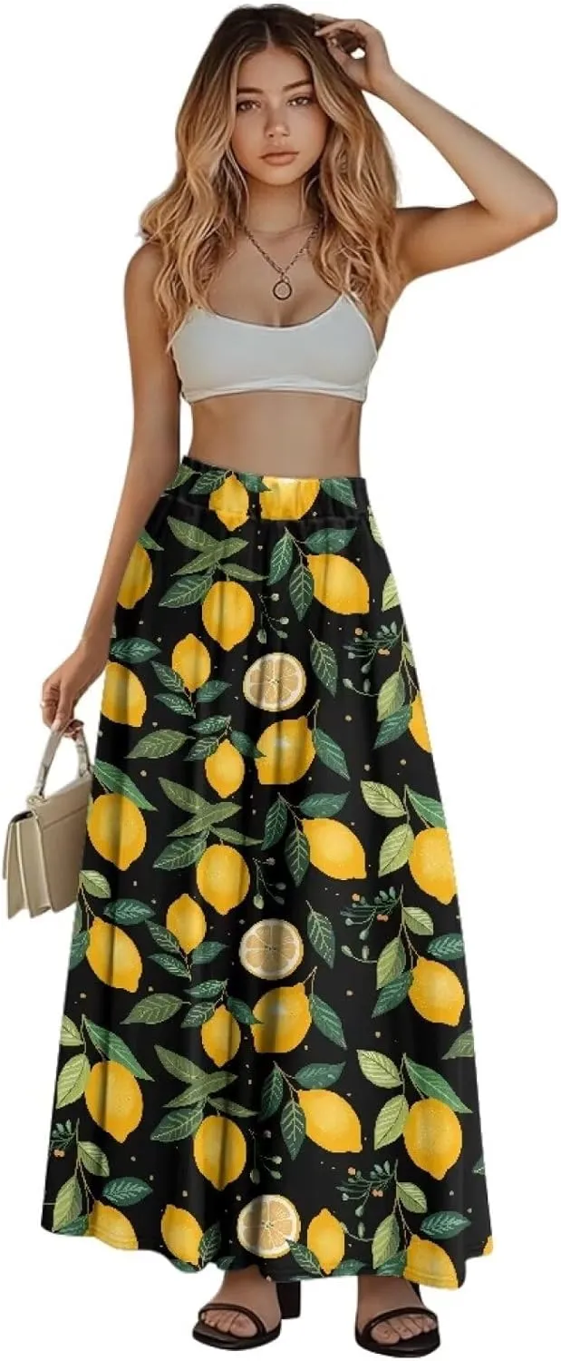 Women's Long Skirt Swing Party Wedding High Waisted Maxi Skirts Elegant Flared A-Line Ruffle Skirts with Pockets