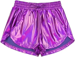 Women's Metallic Shorts Yoga Shiny Sparkly Hot Drawstring Outfit Short Pants
