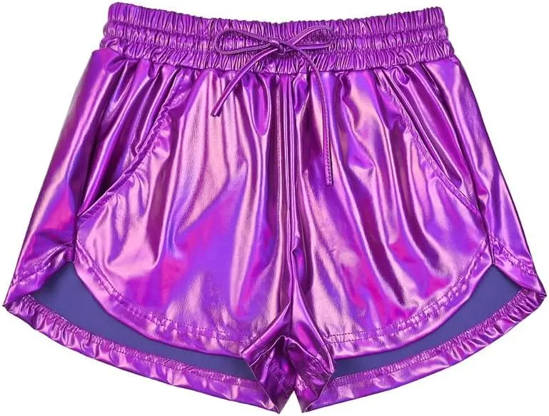 Women's Metallic Shorts Yoga Shiny Sparkly Hot Drawstring Outfit Short Pants