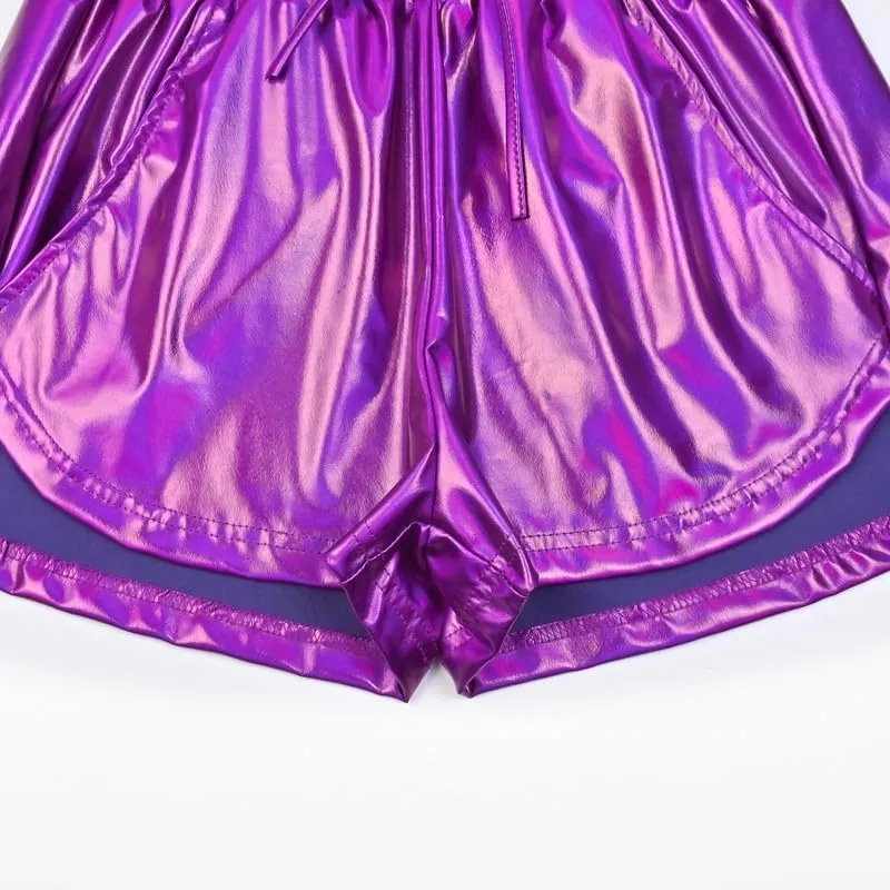 Women's Metallic Shorts Yoga Shiny Sparkly Hot Drawstring Outfit Short Pants