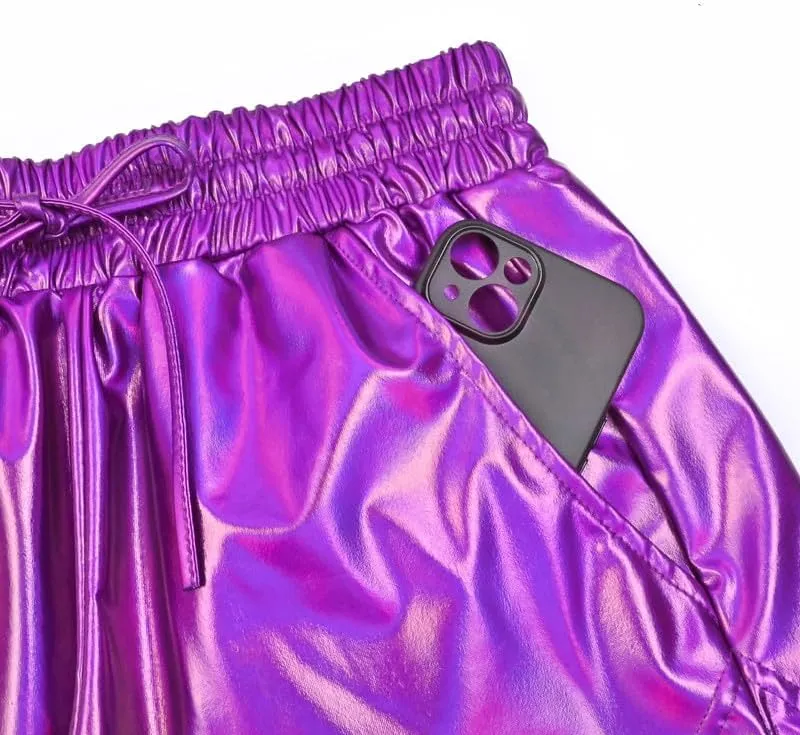 Women's Metallic Shorts Yoga Shiny Sparkly Hot Drawstring Outfit Short Pants