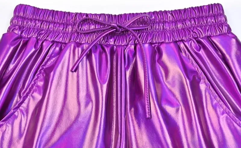 Women's Metallic Shorts Yoga Shiny Sparkly Hot Drawstring Outfit Short Pants