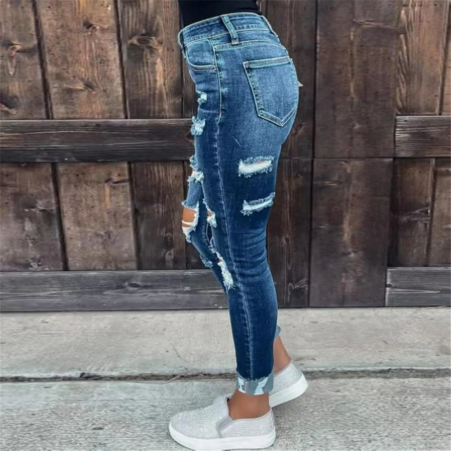 Women's Mid Rise Skinny Stretch Ripped Jeans Mid Waisted Destroyed Butt Lift Slim Fit Washed Tight Denim Pants
