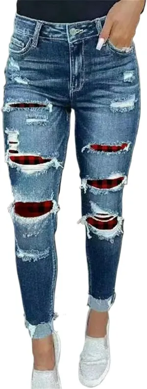 Women's Mid Rise Skinny Stretch Ripped Jeans Mid Waisted Destroyed Butt Lift Slim Fit Washed Tight Denim Pants