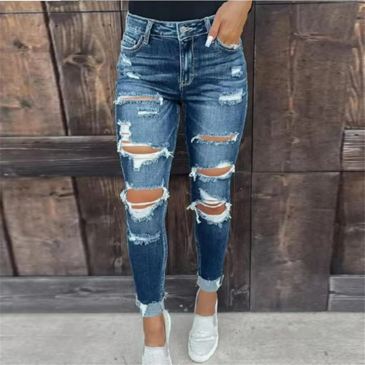 Women's Mid Rise Skinny Stretch Ripped Jeans Mid Waisted Destroyed Butt Lift Slim Fit Washed Tight Denim Pants