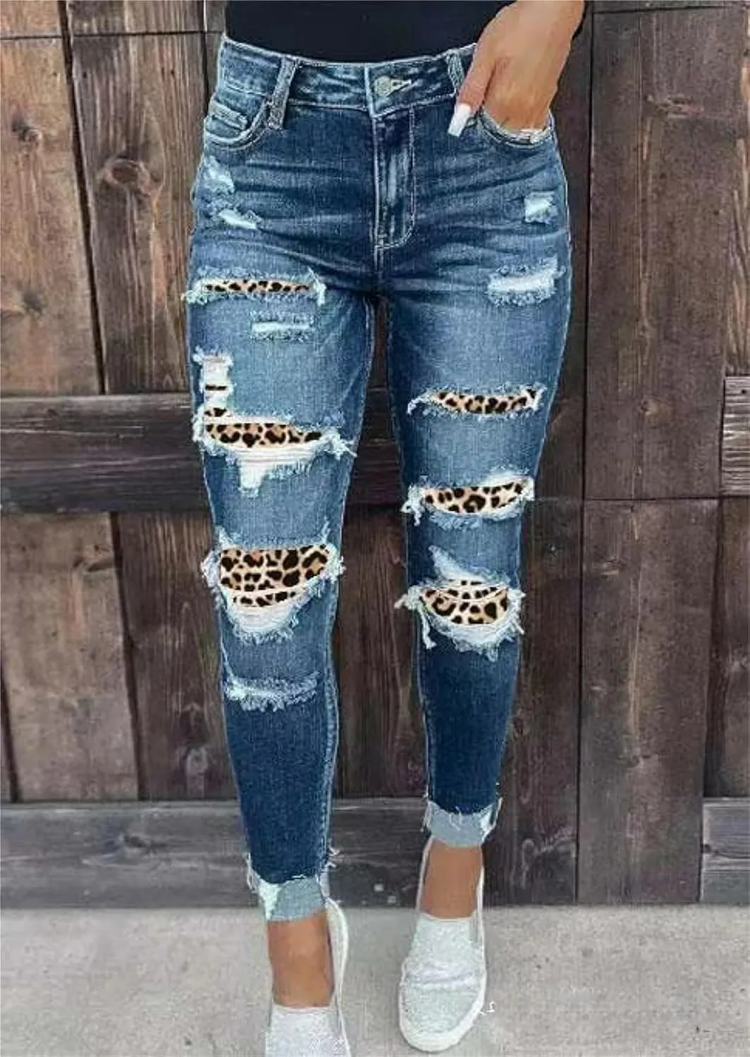 Women's Mid Rise Skinny Stretch Ripped Jeans Mid Waisted Destroyed Butt Lift Slim Fit Washed Tight Denim Pants