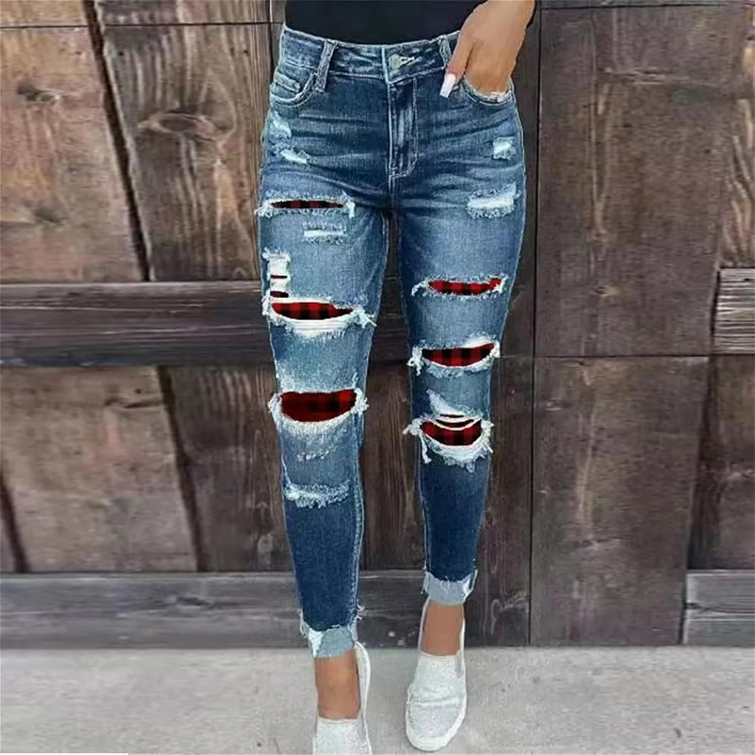 Women's Mid Rise Skinny Stretch Ripped Jeans Mid Waisted Destroyed Butt Lift Slim Fit Washed Tight Denim Pants