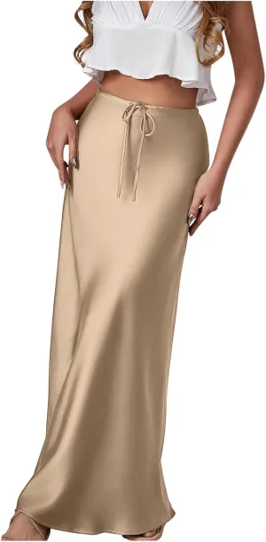 Womens Summer Fall Skirt 2025 High Waist A Line Flowy Long Skirts Drawstring Floor Length Cocktail Party Maxi Skirts