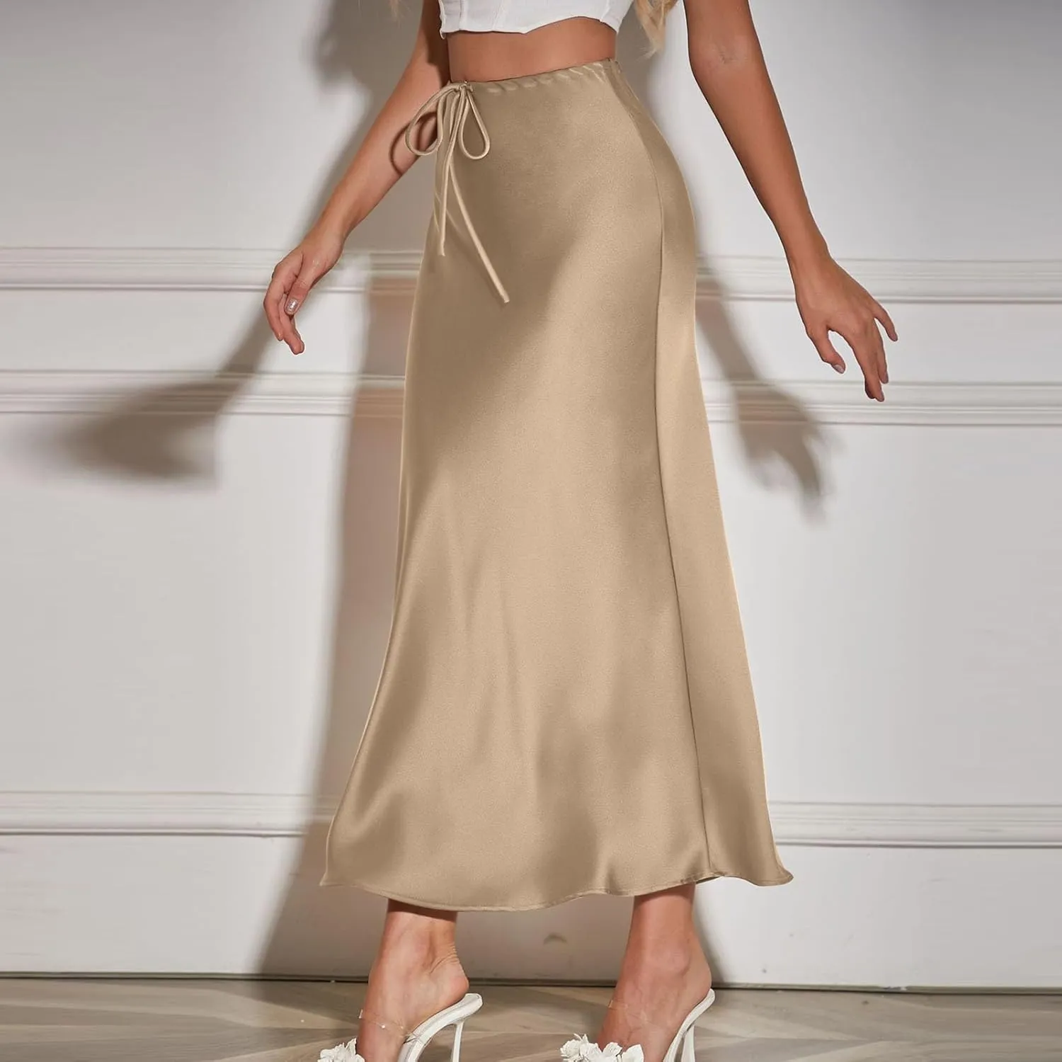 Womens Summer Fall Skirt 2025 High Waist A Line Flowy Long Skirts Drawstring Floor Length Cocktail Party Maxi Skirts