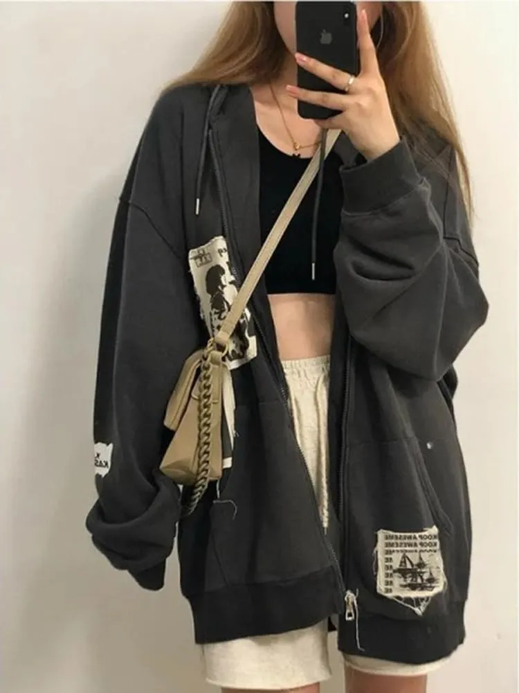 Women's Y2K Zip Up Hoodies Grunge Gothic Printed Sweatshirt Vintage Oversized Jacket Harajuku Long Sleeve Clothing
