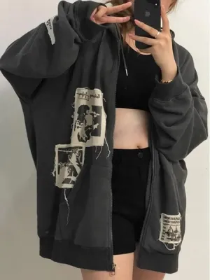 Women's Y2K Zip Up Hoodies Grunge Gothic Printed Sweatshirt Vintage Oversized Jacket Harajuku Long Sleeve Clothing