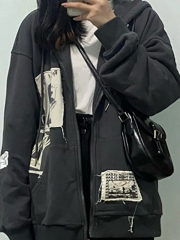 Women's Y2K Zip Up Hoodies Grunge Gothic Printed Sweatshirt Vintage Oversized Jacket Harajuku Long Sleeve Clothing