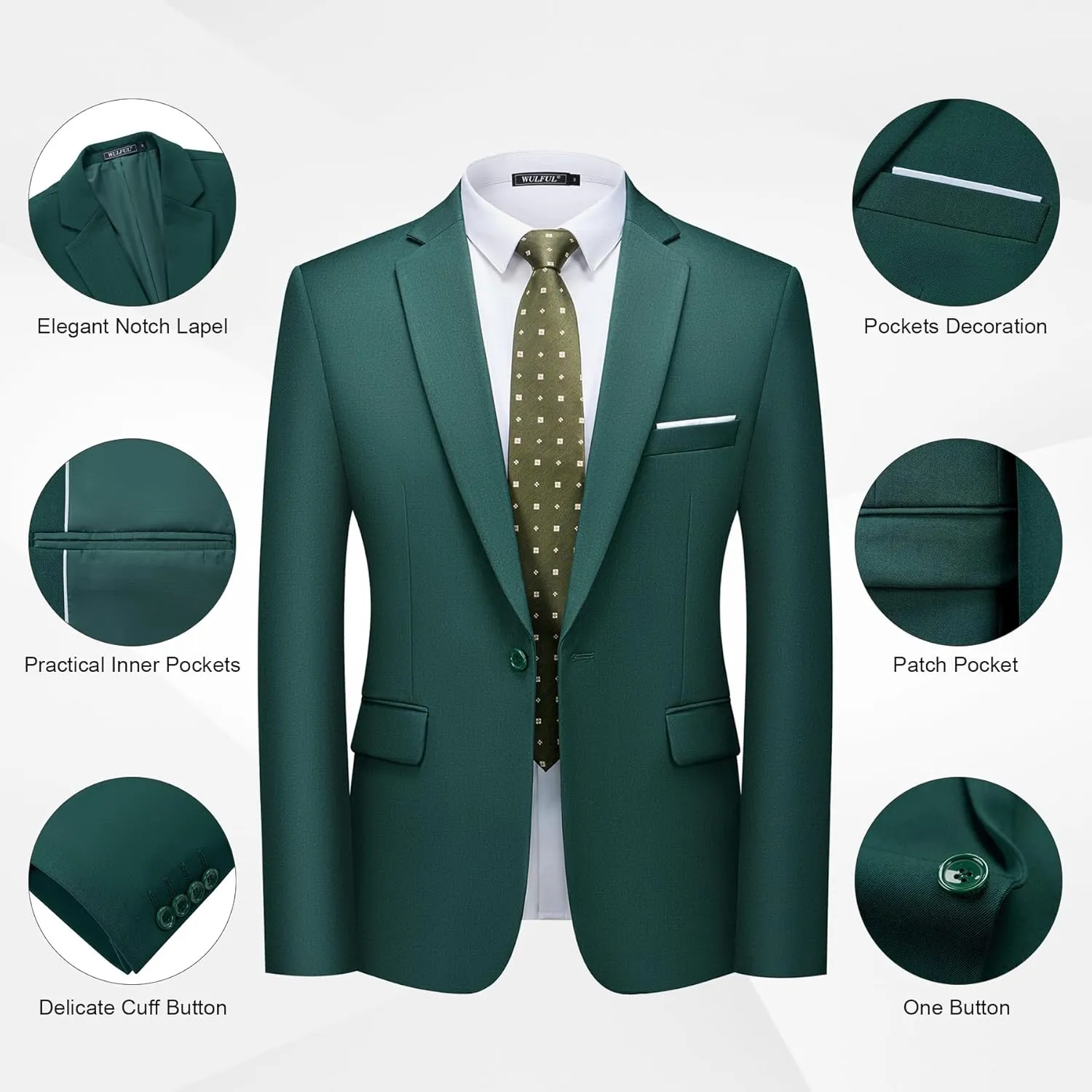 WULFUL Men's 2 Piece Slim Fit Suit Set One Button Blazer Jacket Pants Tuxedo Set for Party, Wedding and Business