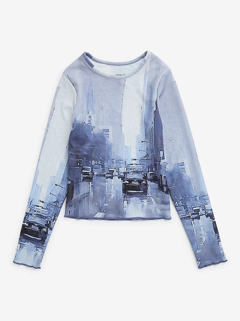 Y&F Kids Blue Cityscape-Print Top