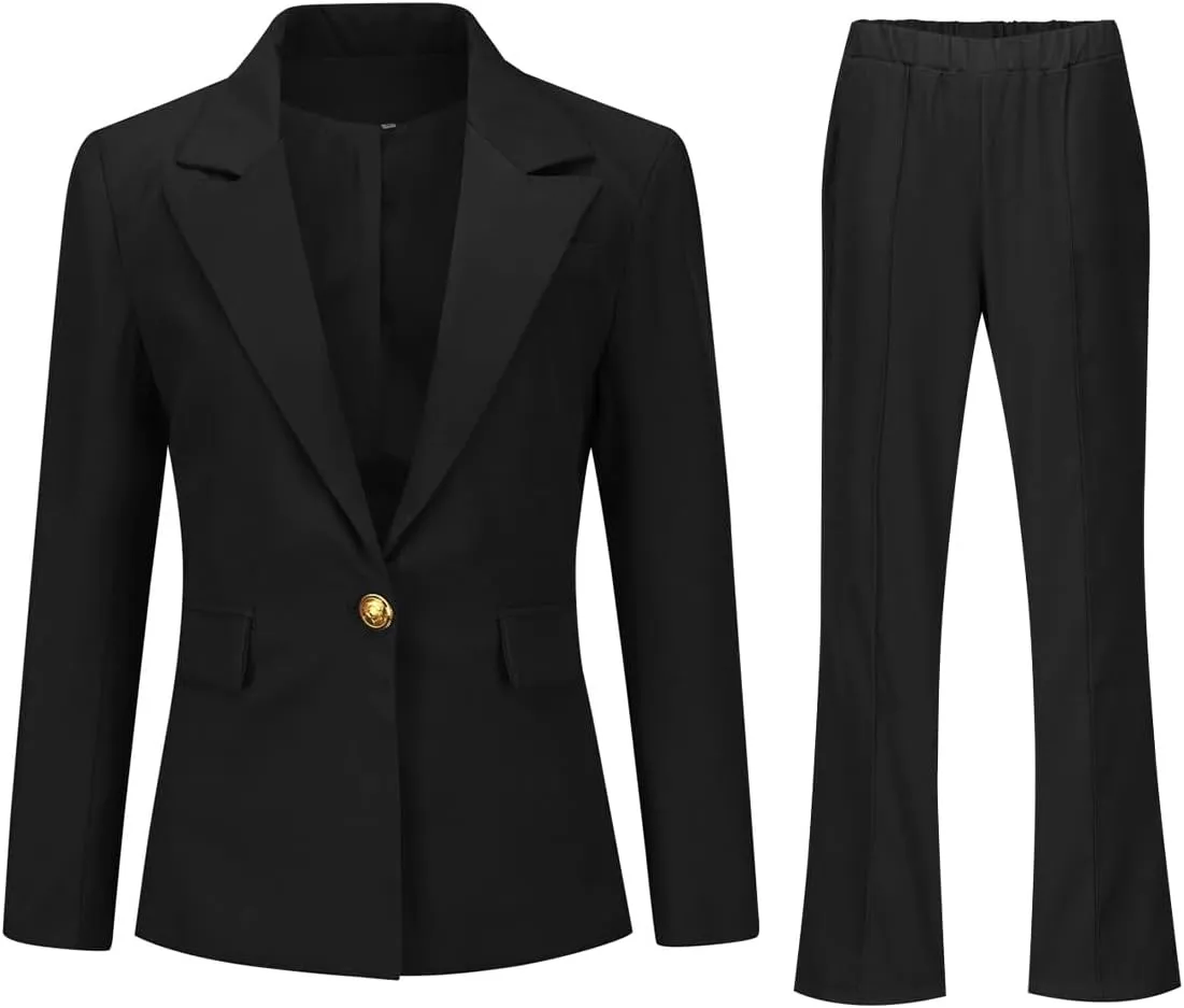 YYNUDA Women's 1 Button 2 Piece Lady Suit Set Office Work Solid Blazer Jacket and Pants