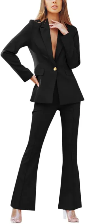 YYNUDA Women's 1 Button 2 Piece Lady Suit Set Office Work Solid Blazer Jacket and Pants