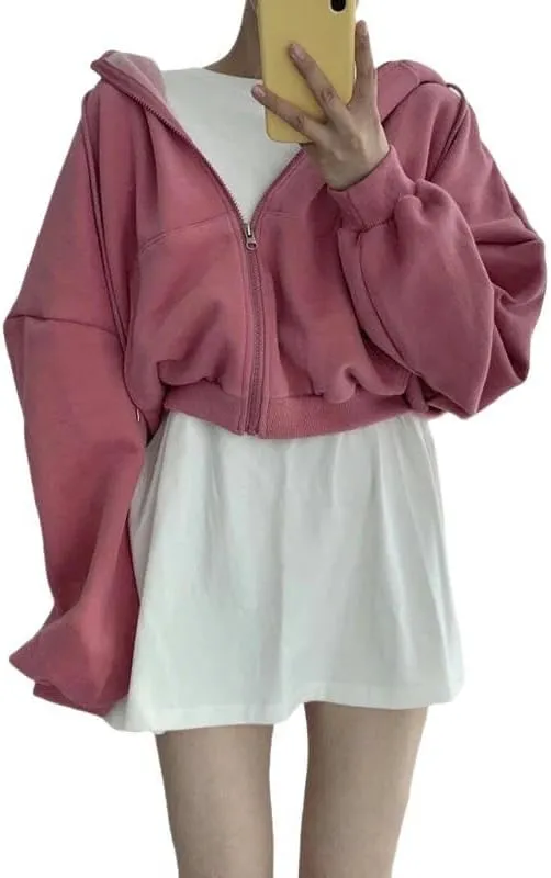 Zip Hoodie Streetwear Cropped Hoodies Women Solid Oversized Zipper Short Harajuku Simple Casual Jacket