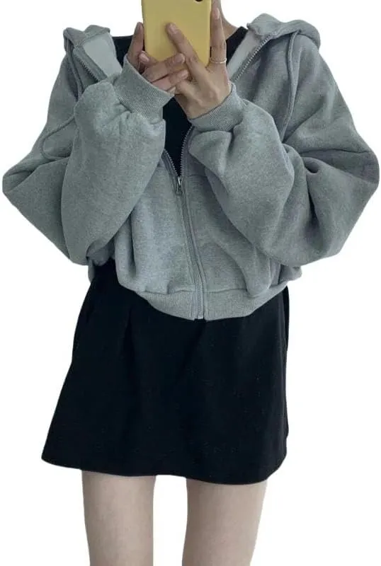 Zip Hoodie Streetwear Cropped Hoodies Women Solid Oversized Zipper Short Harajuku Simple Casual Jacket
