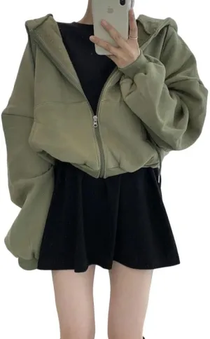 Zip Hoodie Streetwear Cropped Hoodies Women Solid Oversized Zipper Short Harajuku Simple Casual Jacket