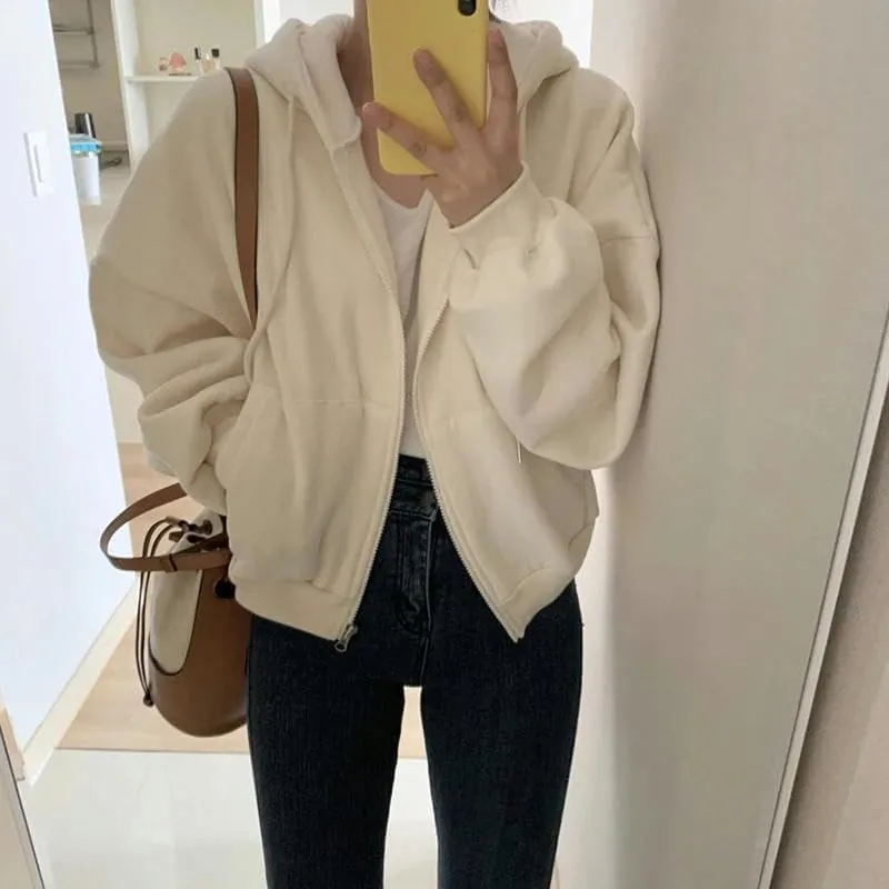 Zip Hoodie Streetwear Cropped Hoodies Women Solid Oversized Zipper Short Harajuku Simple Casual Jacket