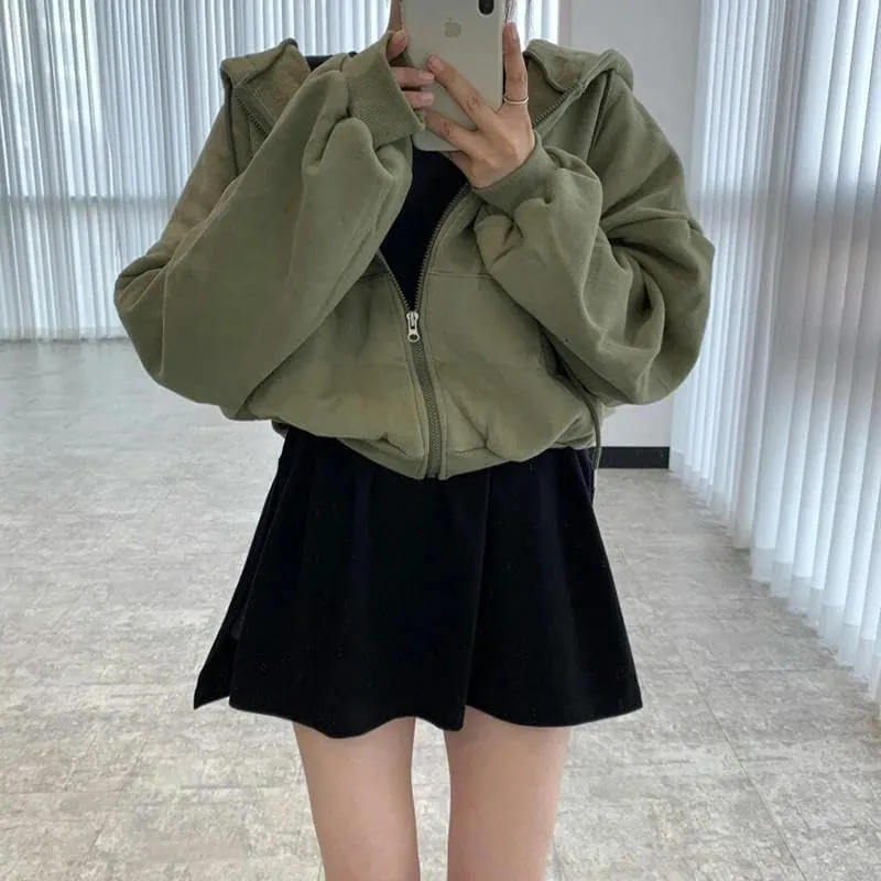 Zip Hoodie Streetwear Cropped Hoodies Women Solid Oversized Zipper Short Harajuku Simple Casual Jacket